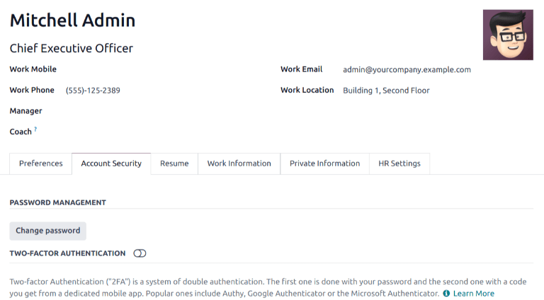 Account Security tab showing 2FA toggle